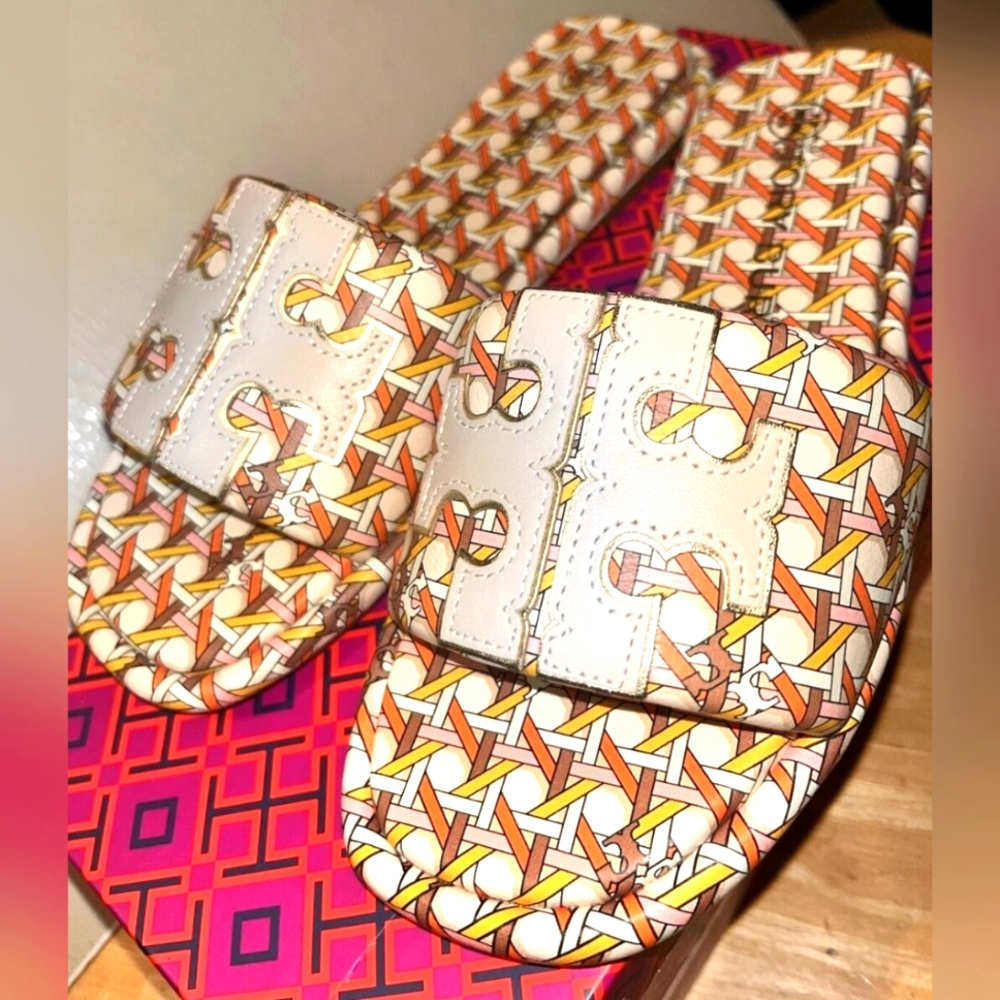 Tory Burch Designer Double T Women's Multicolor Slide Sandals Slides 8